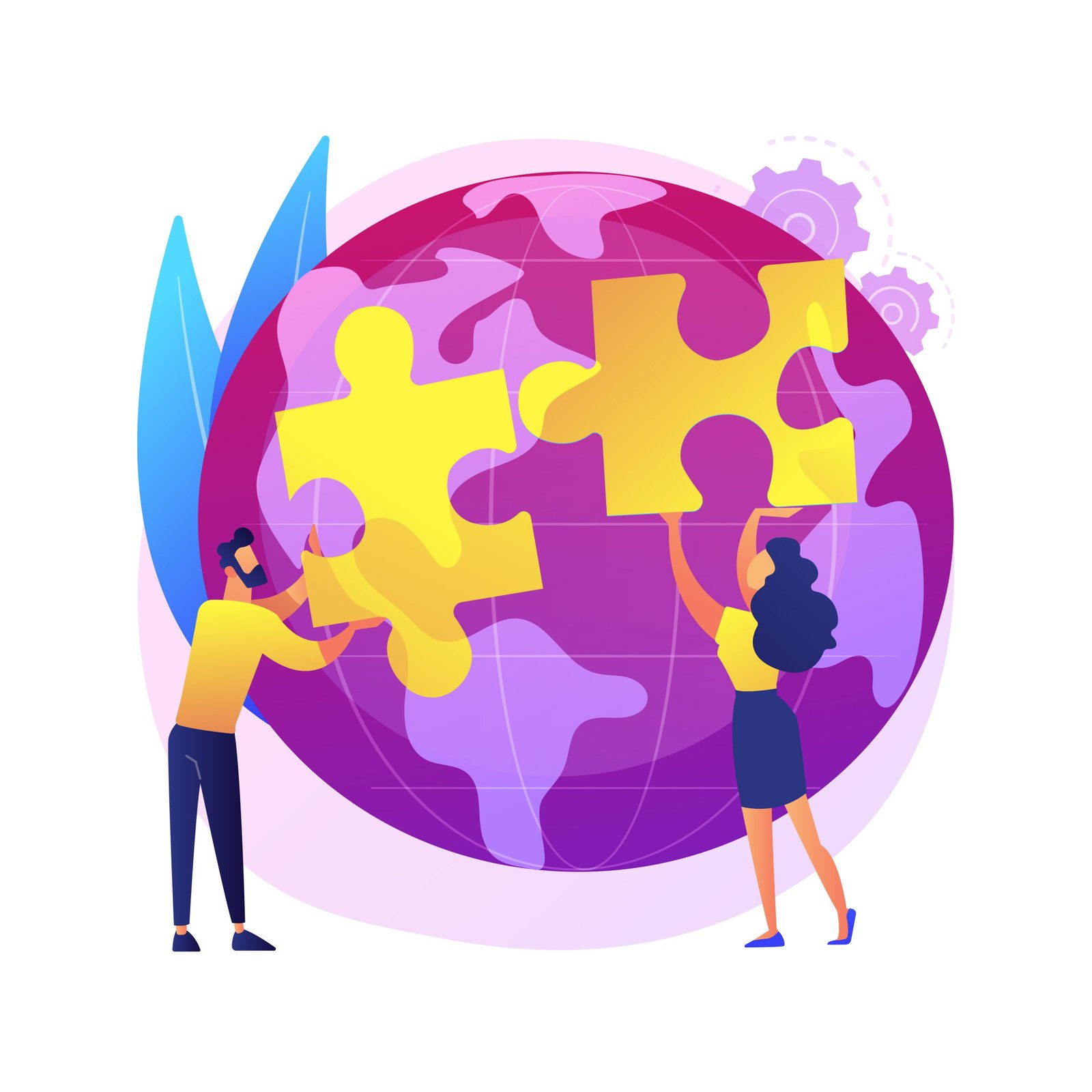 Illustration of two people with jigsaw pieces with a globe behind them - used to illustrate MATs and community working together