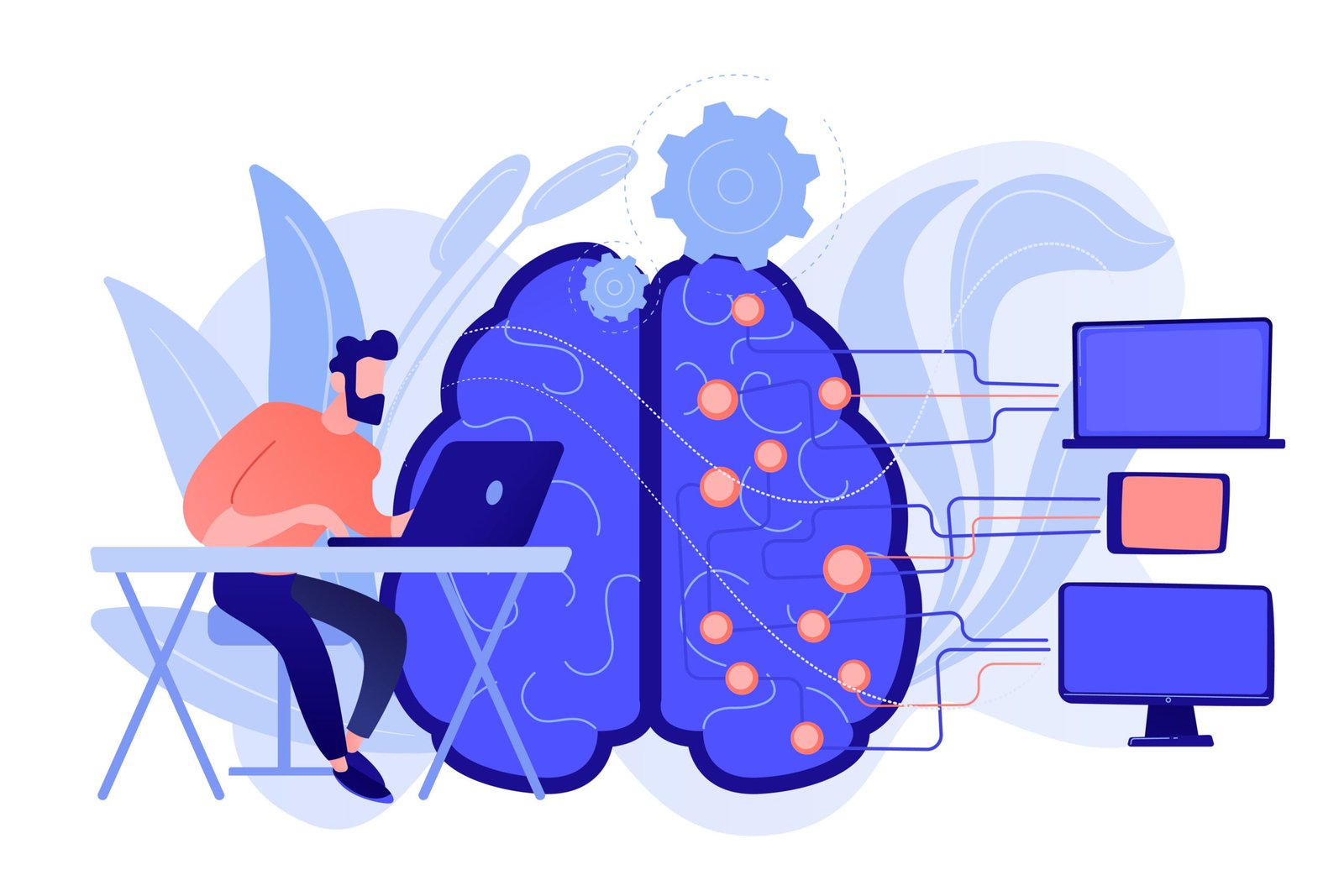 Illustrated AI concept of a man working on a cpupter with a brain in the background networked with computers